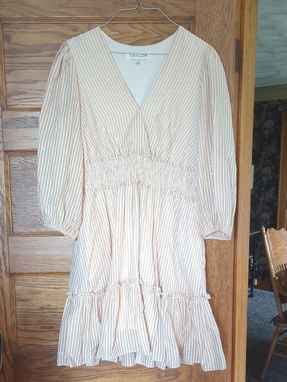 Taylor Blush Stripe V-Neck Smocked Waist Dress Bedazzled With Silver Size 8